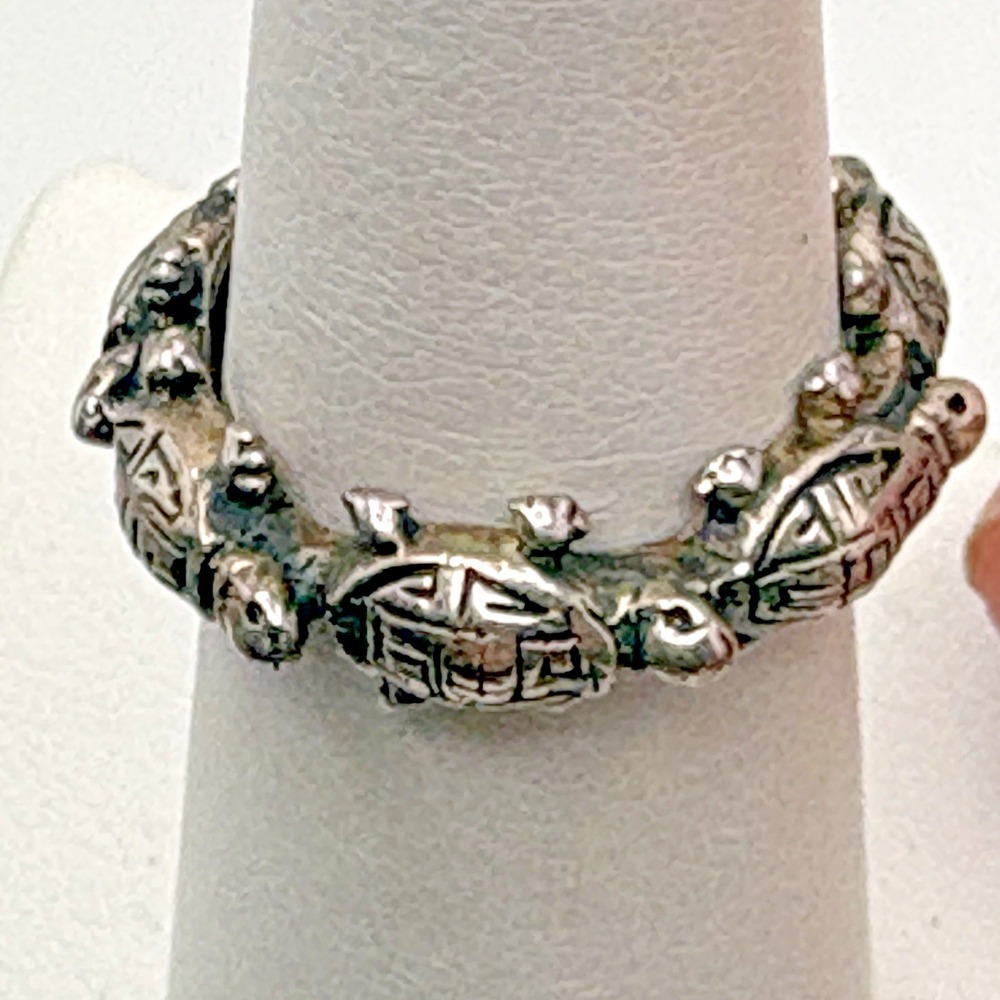 Vintage Estate Sterling Silver Sea Turtle Ring Size 5.5 Dimensional Greek Key